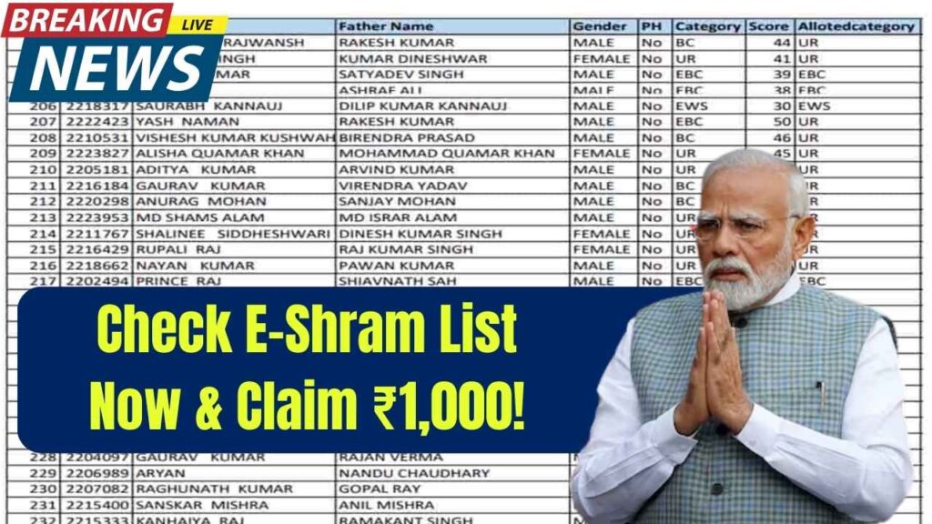 E-Shram Card List: Is Your Name on the Latest E-Shram List? Check Now to Claim ₹1,000! 1 E-Shram Card List: Is Your Name on the Latest E-Shram List? Check Now to Claim ₹1,000!
