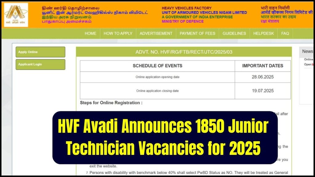 Heavy Vehicles Factory Avadi Announces 1850 Junior Technician Vacancies for 2025 1 Heavy Vehicles Factory Avadi Announces 1850 Junior Technician Vacancies for 2025